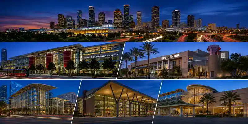 Major convention centers in Houston featuring George R. Brown Convention Center, NRG Park venues, Downtown Houston business districts, and large-scale event facilities for conferences and trade shows.